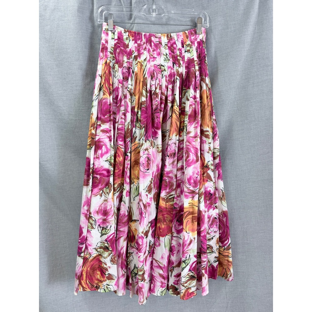 JON Womens Pleated Floral Midi Skirt Pink Orange Cotton A-Line Romantic‎ 4